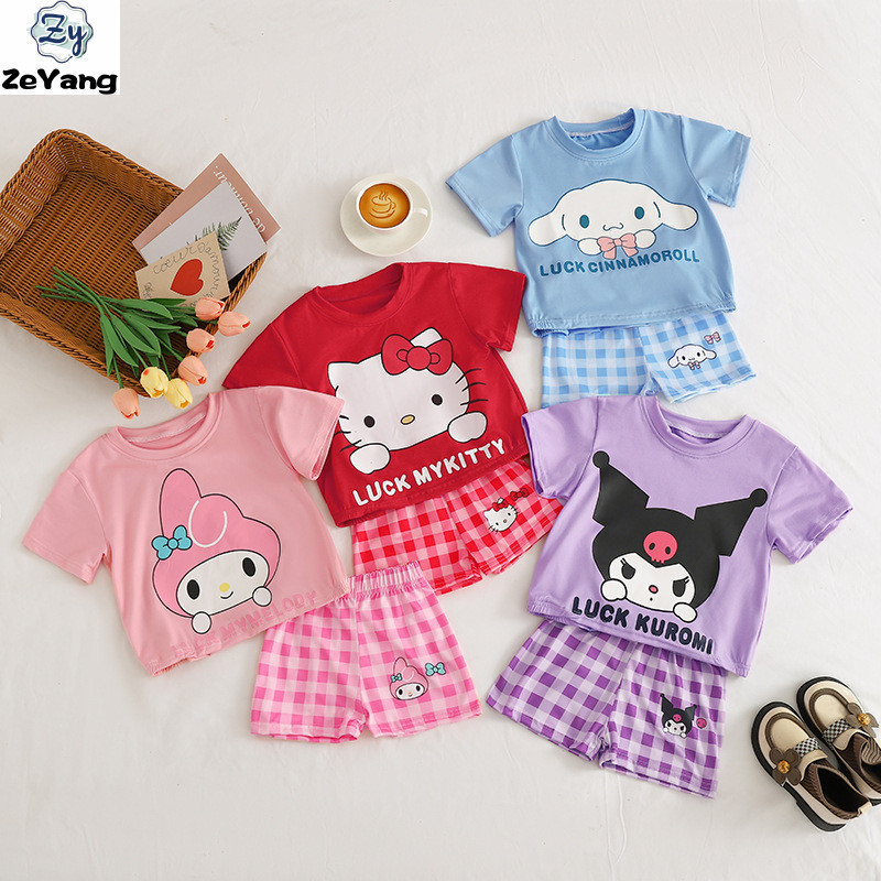 [ZY] พร้อมส่ง ชุดเสื้อยืดแขนสั้น กางเกงขาสั้น ลายการ์ตูน Kuromi Mykitty น่ารัก ทรงหลวม สไตล์เกาหลี สองชิ้น 80-140 ซม. สําหรับเด็ก