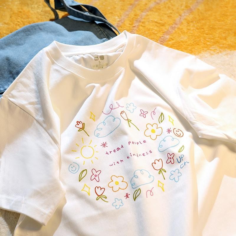 Lucifer （จัดส่งตลอด 24 ชั่วโมง） เกาหลี oversize คอกลม เสื้อยืด CMDXY0584 ผ่อน ผ้าคอตตอน ลายสกรีน ฤดูร้อน สบาย