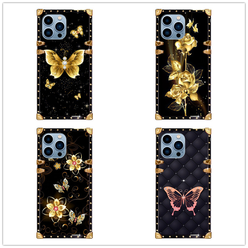 เคสโทรศัพท์มือถือ ทรงสี่เหลี่ยม ลายผีเสื้อ ดอกกุหลาบสีทอง สําหรับ iPhone 15 14 13 12 11 PRO XS MAX XR 6S 7 8 PLUS 12 13 MINI