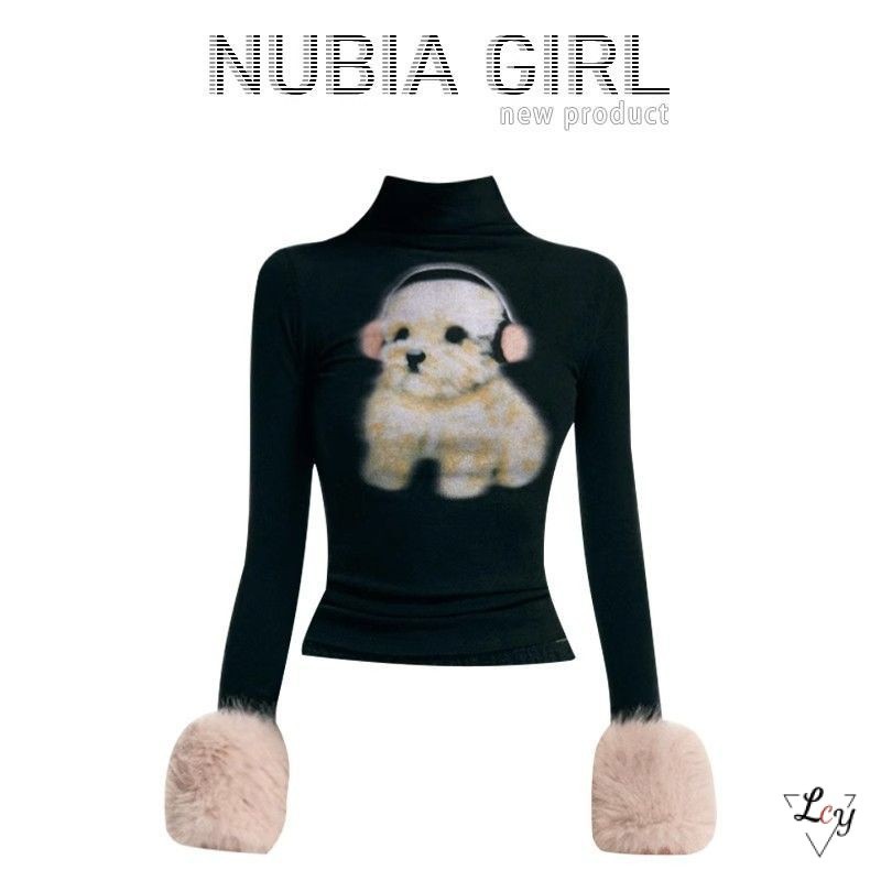 ใหม่ เสื้อยืดแขนยาว คอสูง ผ้ากํามะหยี่ขนนิ่ม พิมพ์ลายลูกสุนัข สไตล์ยุโรป อเมริกัน แฟชั่นฤดูใบไม้ร่วง ฤดูหนาว สําหรับผู้หญิง ไซซ์ y2k
