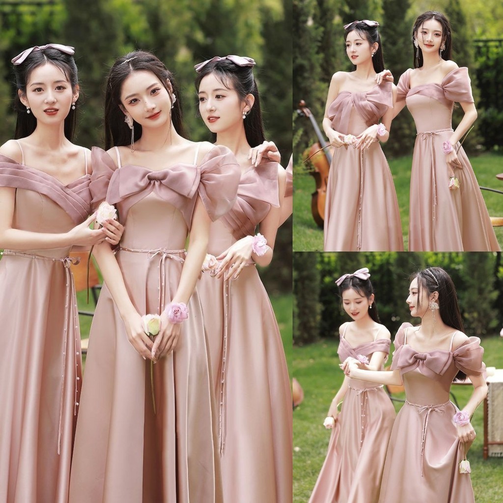 ชุดเดรสผ้าซาติน สีชมพู เหมาะกับงานพรอม แฟชั่นใหม่ สําหรับผู้หญิง เพื่อนเจ้าสาว