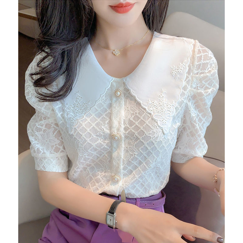 ส่งจากกรุงเทพฯ กลวงเย็บปักถักร้อยลูกไม้ เสื้อเชิ้ตแขนสั้นคอตุ๊กตา เหมาะสำหรับผู้หญิงในฤดูร้อน