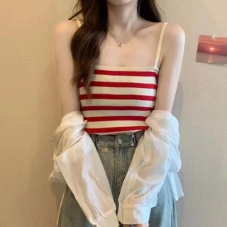 เสื้อสายเดี่ยว ผ้าไหมพรม ลายทาง ใส่ฤดูร้อน น่ารักๆสุดๆ เทรนด์ยอดนิยม มี4สี พร้อมส่ง E-M0511
