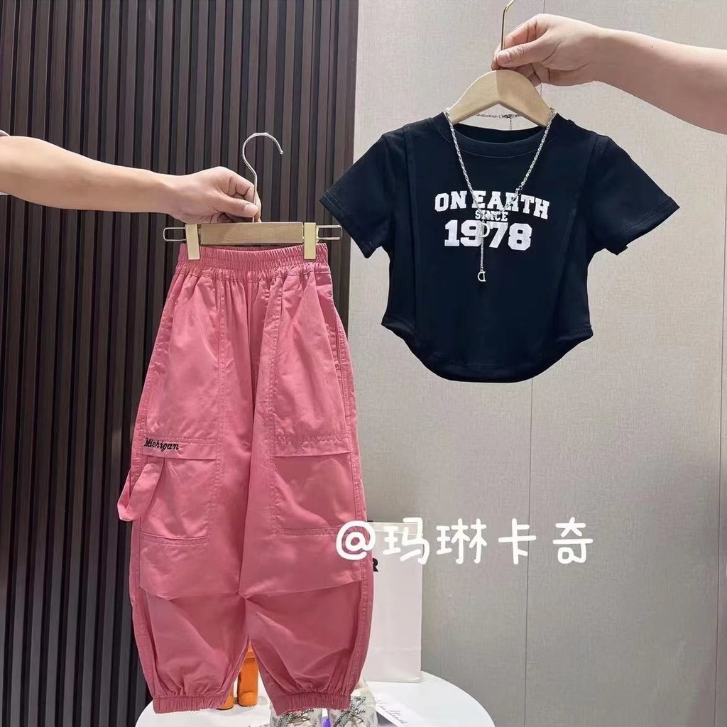 Dorila ชุดเด ็ กผู ้ หญิงชุดแฟชั ่ นสาวชุดสูทแขนสั ้ นสาวชุดฮิปฮอปสาวเสื ้ อยืดครอป + กางเกงคาร ์ โก ้ - รูปที่ 5