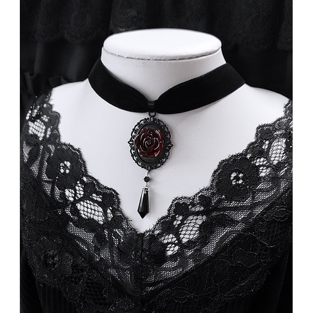สร้อยคอโกธิค Dark Rose สร้อยคอChoker Suede Collar สร้อยคอโซ่คริสตัลสีดําฮาโลวีน
