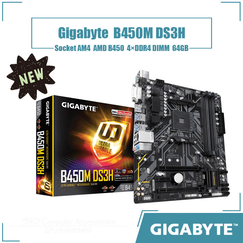 Gigabyte B450M DS3H เมนบอร์ดซ็อกเก็ต AM4 4xDDR4 DIMM ใช้ชิปเซ็ต AMD B450 Micro ATX 64GB
