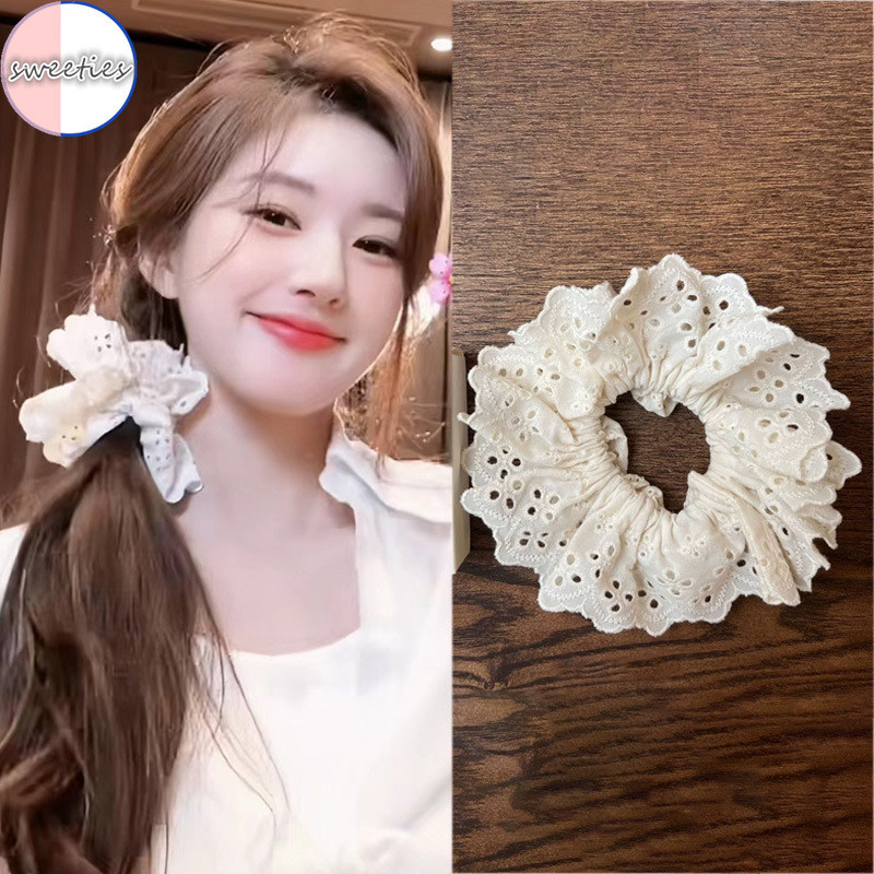 ยางรัดผม แบบสองชั้น ปักลายลูกไม้กลวง ขนาดใหญ่ สไตล์ฝรั่งเศส หรูหรา สําหรับผู้หญิง