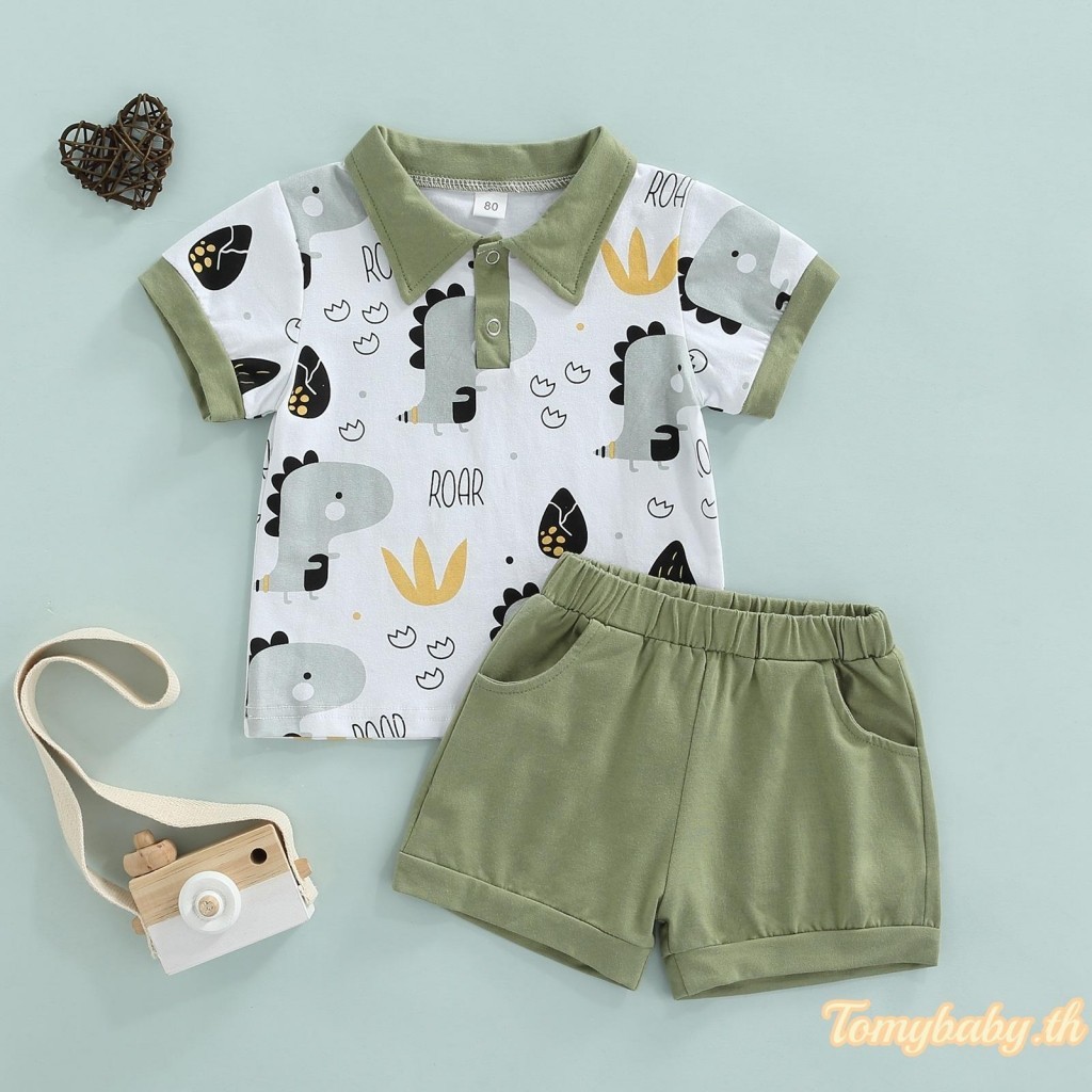 Tomybaby-เด็กวัยหัดเดิน ชุดลําลอง การ์ตูนไดโนเสาร์ พิมพ์ เสื้อยืดแขนสั้น + กางเกงขาสั้น สีพื้น 2 ชิ้น ชุด