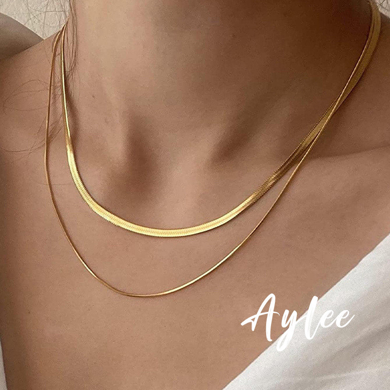 [Aylee]สร้อยคอโลหะสองชั้นผู้หญิงโลหะผสมโซ่แบน B499
