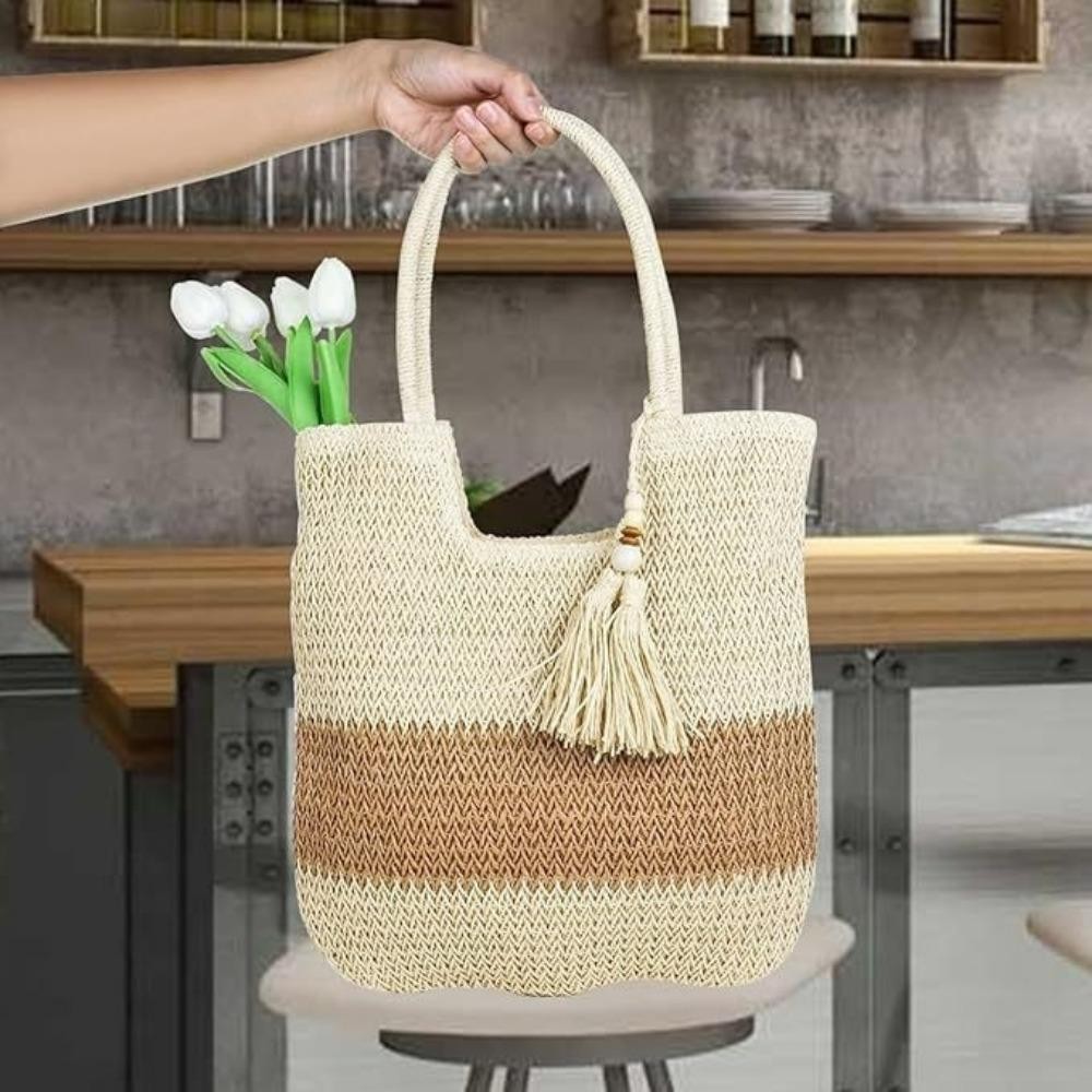 กระเป๋าชายหาดสานขนาดใหญ่ พร้อมพู่ฟางทอ สำหรับสะพายไหล่ในฤดูร้อน - รูปที่ 4