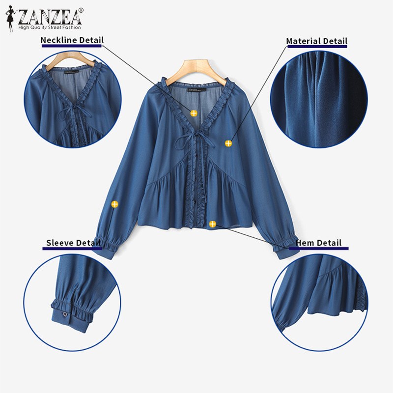 Zanzea เสื้อเบลาส์เดนิมอัดพลีทแขนยาวคอวีเกาหลีสําหรับผู้หญิง — صورة 8