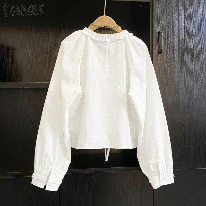 Zanzea เสื้อเบลาส์เดนิมอัดพลีทแขนยาวคอวีเกาหลีสําหรับผู้หญิง — صورة 4