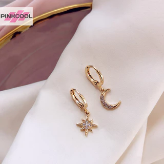 Pinkcool 1 คู่ แฟชั่น ดาว ดวงจันทร์ ไม่สมมาตร ห่วง ต่างหู สําหรับผู้หญิง เด็กผู้หญิง สีทอง สีเงิน ปาร์ตี้ เครื่องประดับ ของขวัญ ขายดี