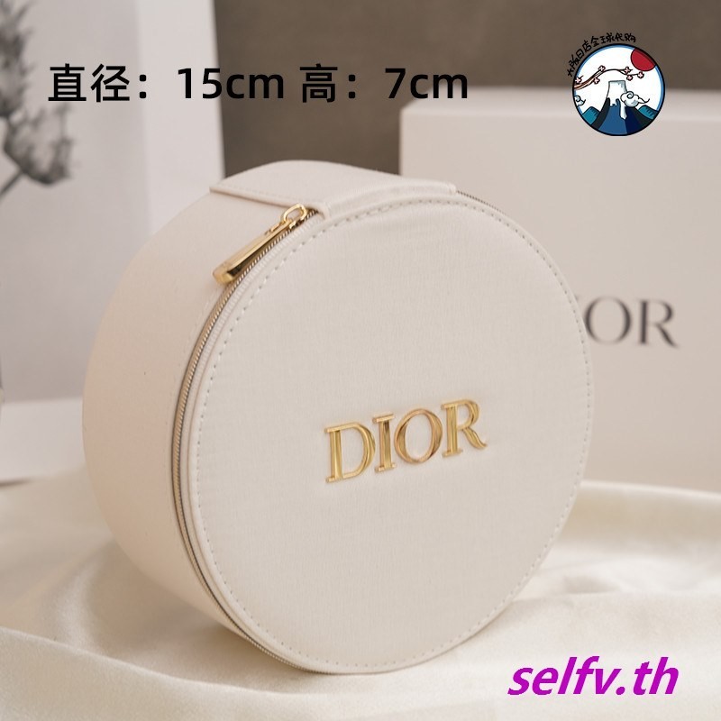 กระเป๋าเครื่องสําอาง ทรงกลม ลายโลโก้ Dior Golden สวยหรู สีขาว แบบเรียบง่าย