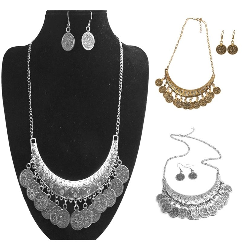 HO 2x Silver Clavicle Chain ชุดต่างหูสร้อยคอเหรียญสไตล์ชาติพันธุ์สําหรับครบรอบ