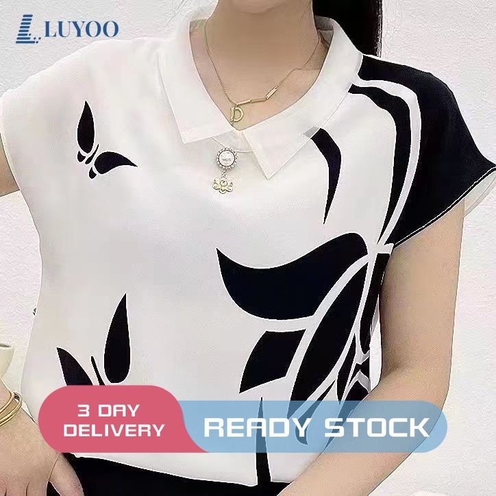 ลูยู เสื้อเบลาส์พิมพ์ลายสไตล์เกาหลีสําหรับผู้หญิงเสื้อชีฟองคอตุ๊กตาแฟชั่น