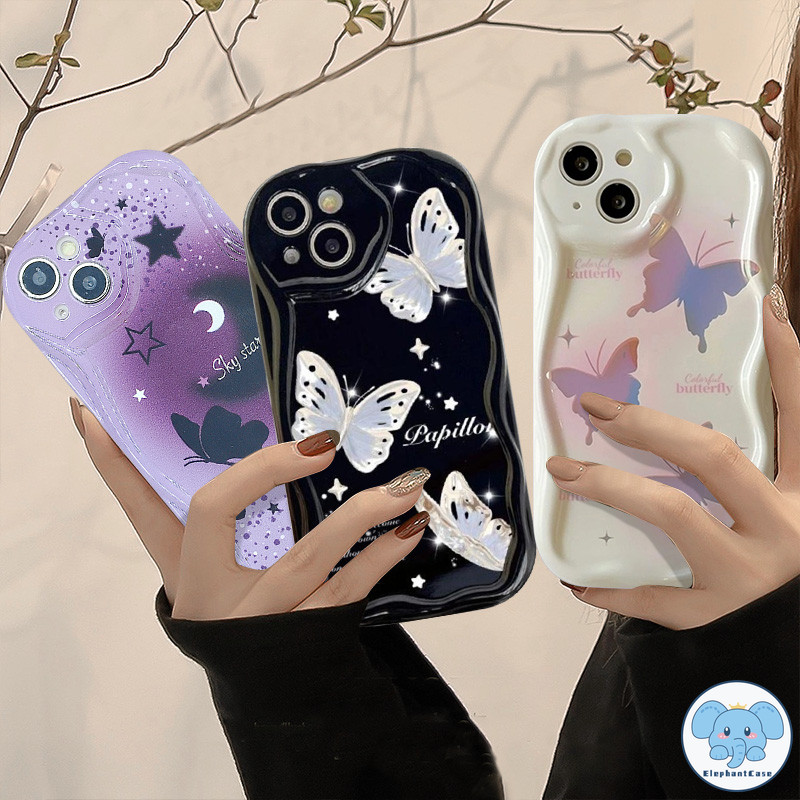 ฝันแววผีเสื้อดาว 3D คลื่นโค้งขอบช็อกปกปิด iPhone 11 15 7Plus 8Plus 12 14 13 Pro Max 14 15 8 7 Plus X XS Max XR SE