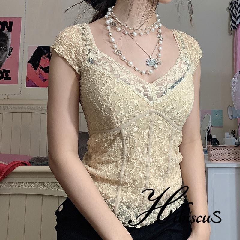 Hibiscus- เสื้อกล้าม ผู้หญิง แขนสั้น ลูกไม้ คอวี บาง ฐานเสื้อ สวมใส่ หรือใส่เดี่ยว ในฤดูใบไม้ผลิ ฤดูร้อน