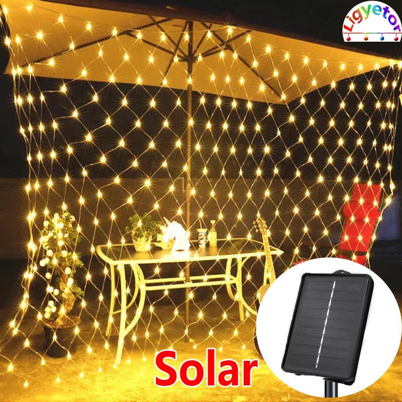 อุปกรณ์ ตกแต่งบ้าน Ligyetor ไฟตาข่ายพลังงานแสงอาทิตย์กันน้ํา LED ผ้าม่าน LED กลางแจ้งกันน้ําสวนต้นคริสต์มาสเทศกาลตกแต่ง ราคาถูก