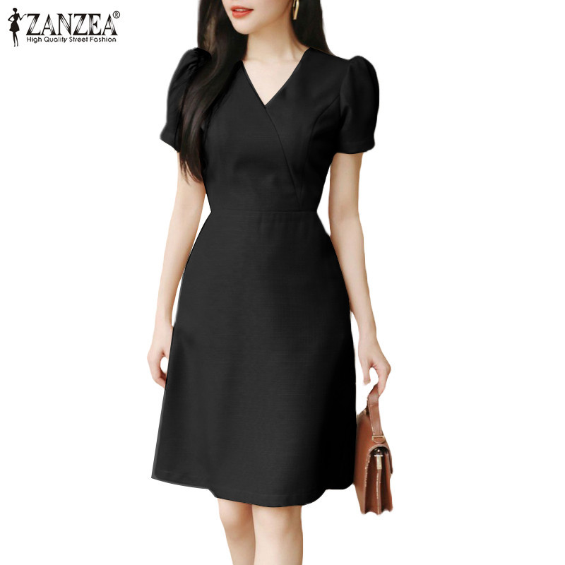 ZANZEA ซานเซีย ผู้หญิงแฟชั่นเกาหลีสีทึบพัฟแขนคอวีมินิเดรส ราคา ถูกที่สุด ดีลบีเคเค