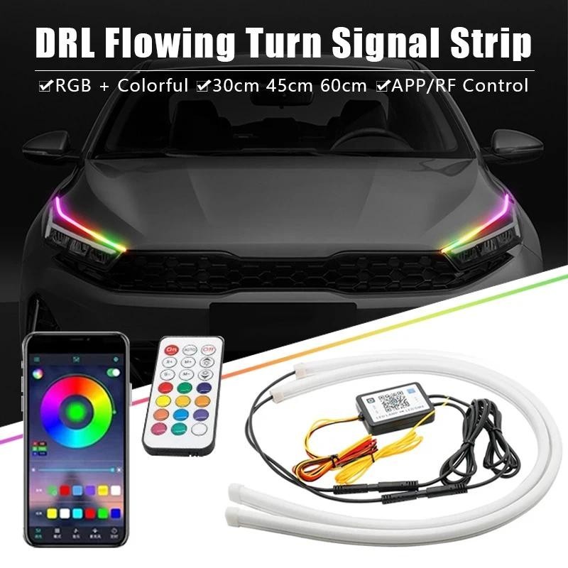 แถบไฟเลี้ยวกลางวัน RGB LED DRL APP RF 12V อุปกรณ์เสริม สําหรับรถยนต์ 2 ชิ้น 30cm 45cm 60cm 75cm
