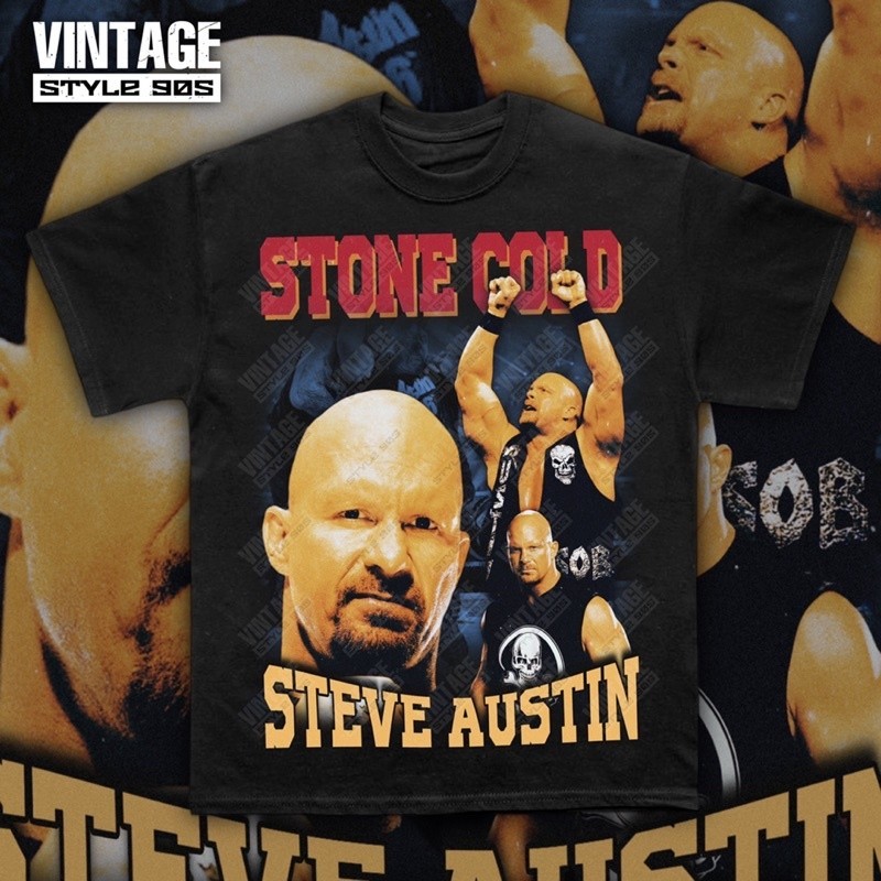 T-shirt  เสื้อนักมวยปล้ำ Stone cold Steve Austin 🔥🔥🔥🔥 (ป้าย Hiptrack จะเป็นตะเข็บเดี่ยวคอหน้า เนื้อผ้าดี ทรงวินเทจ ส