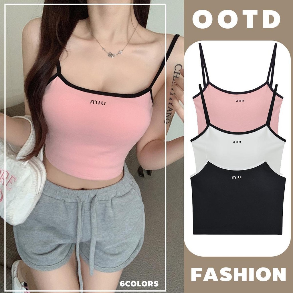 KOKO X6613 เสื้อสายเดี่ยวน่ารัก เสื้อครอปสาวร้อน แฟชั่นสไตล์เกาหลี สายสปาเก็ตตี้สีตัดกัน พร้อมแผ่นฟองน้ำ ทรงเข้ารูป