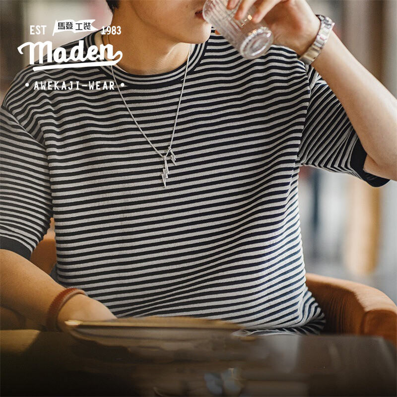 Maden เสื้อยืดลําลอง แขนสั้น คอกลม ลายขวาง สไตล์เรโทร แฟชั่นฤดูร้อน สําหรับผู้ชาย 2024