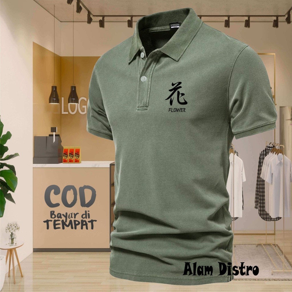 Black Flower Text Jpn Collar POLO T-Shirt เสื้อคอปกผู้ใหญ่ / เสื้อโปโลผู้ชาย Wangki