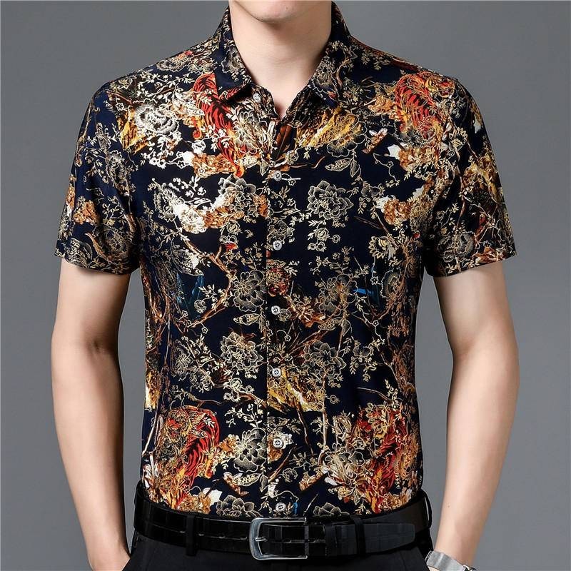 เสื้อเชิ้ตแขนสั้นลําลอง ผ้าเรยอน แบบบาง ทรงหลวม ลายดอกไม้ แฟชั่นฤดูร้อน สําหรับผู้ชาย