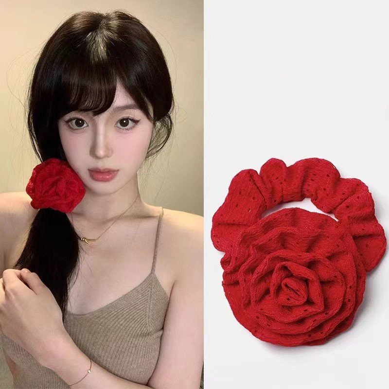 ยางมัดผมหางม้า แบบยืดหยุ่น ลายดอกกุหลาบ สีแดง เครื่องประดับ แฟชั่นสําหรับผู้หญิง