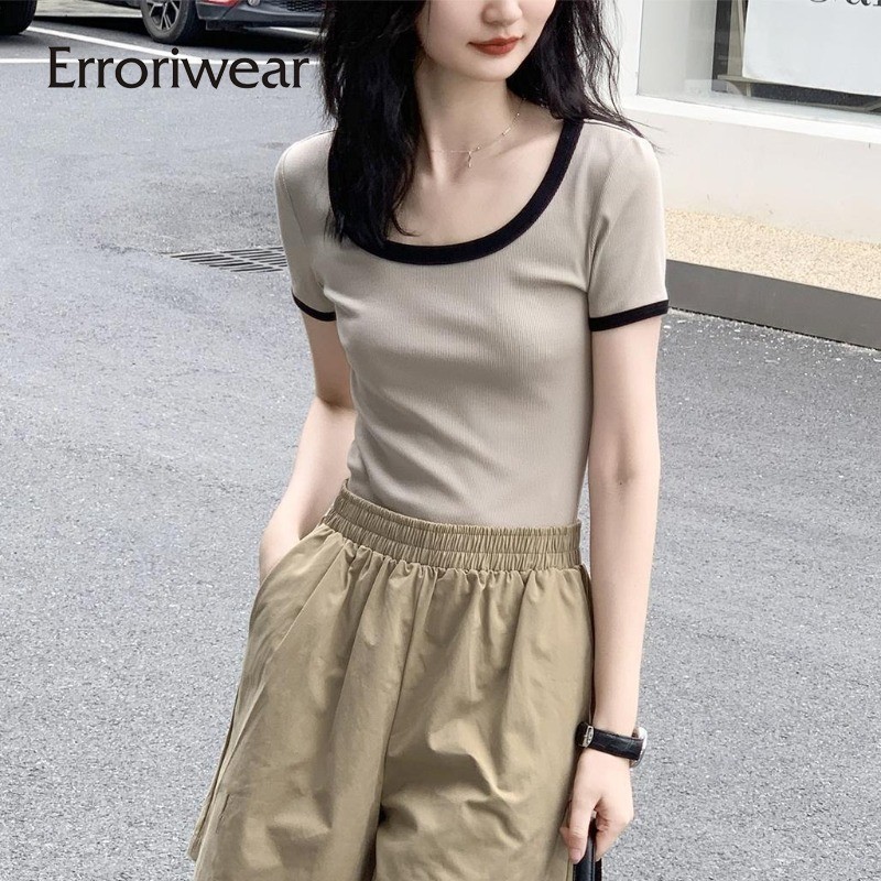 Erroriwear ใหม่ เสื้อยืดลําลอง ผ้าเรยอน แขนสั้น ทรงสลิมฟิต สีตัดกัน เรียบง่าย สําหรับสตรี 2024