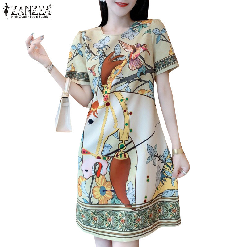 Zanzea ชุดเดรส คอกลม แขนสั้น พิมพ์ลาย สไตล์เกาหลี ลําลอง สําหรับผู้หญิง