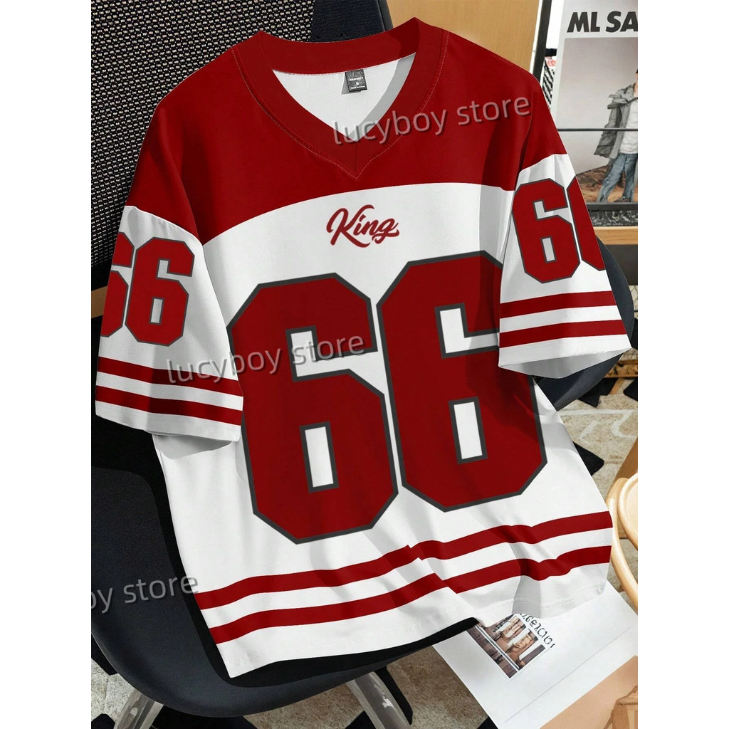 Mens Number 66 Letter KING พิมพ์เสื้อยืด Man แขนสั้น Sportwear ฟุตบอลเสื้อยืด Vintage Oversize ลาย Tees ผู้ชายเสื้อผ้า