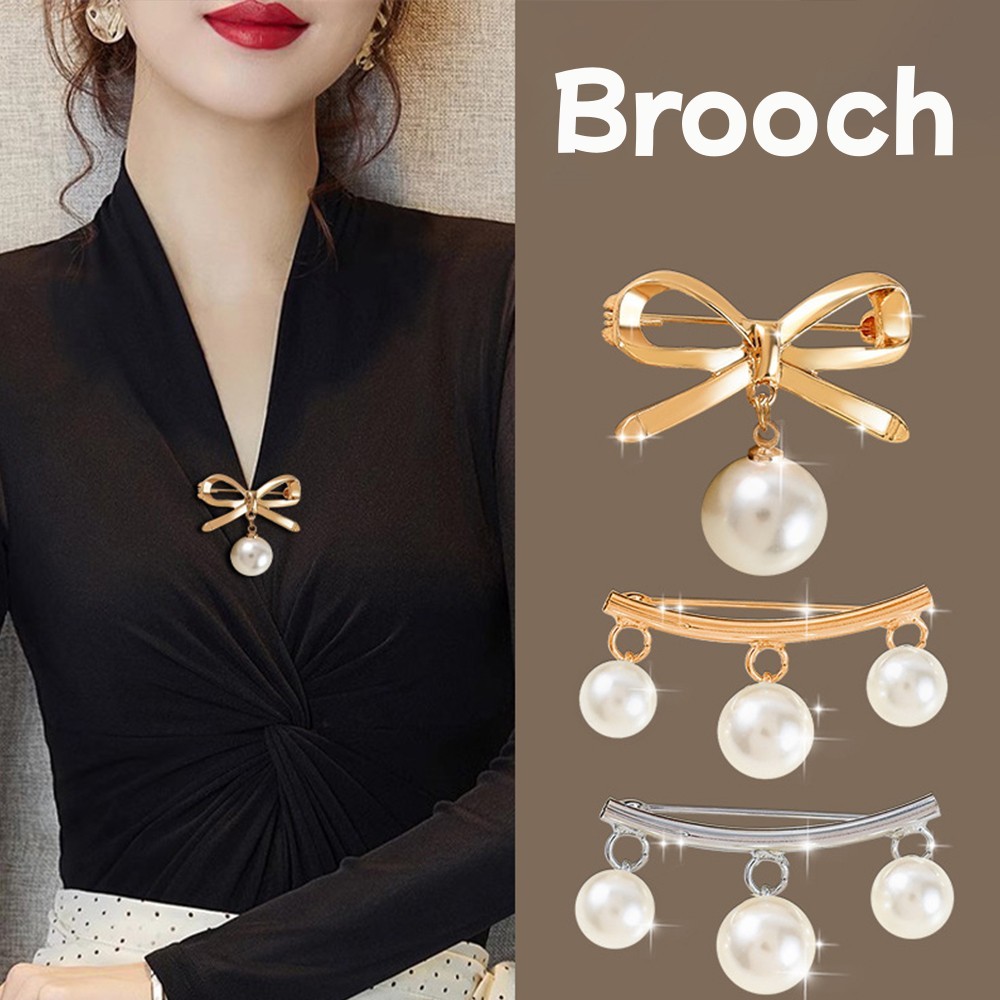 Elegant Rhinestone โบว์เข็มกลัด Anti-Slip Faux Pearl Collar Pin V คอชุดเสื้อผ้าอุปกรณ์เสริมสําหรับผู้หญิงหญิง