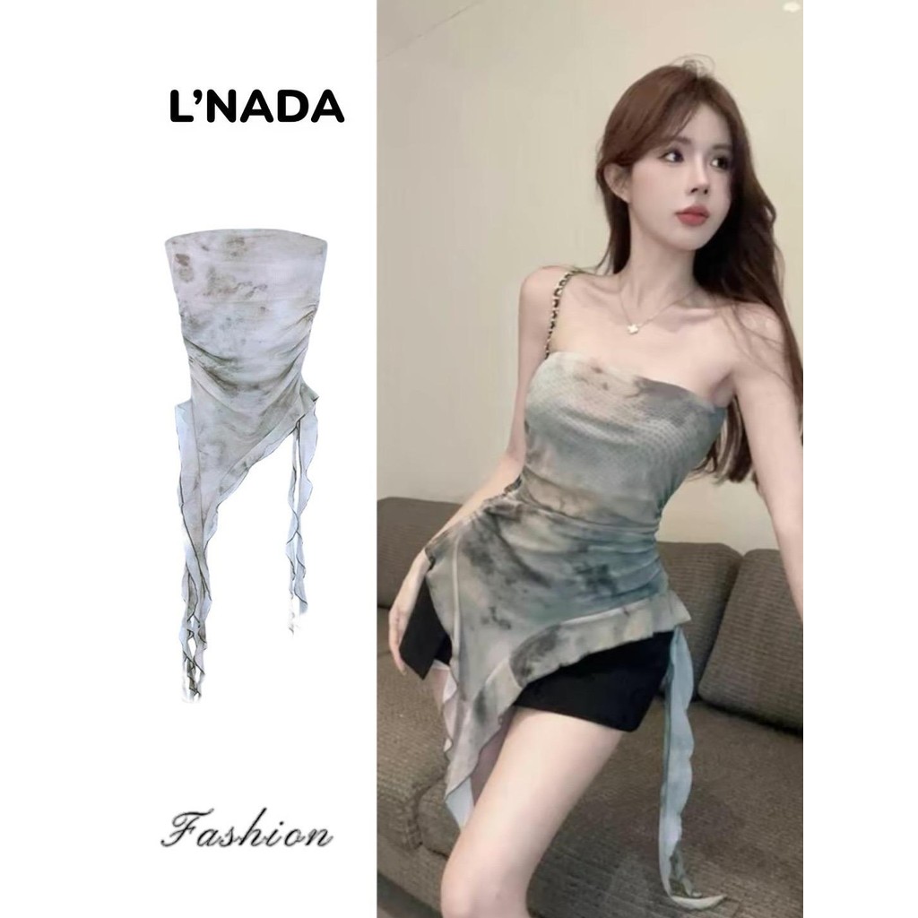 L'NADA【พร้อมส่ง】เสื้อเกาะอกกระพรุน ลายหินอ่อน มีสองสี(2641)