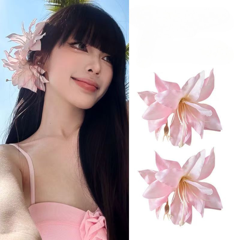กิ๊บติดผมดอกลิลลี่สามมิติสีชมพูหญิงดอกไม้คลิปด้านข้าง
