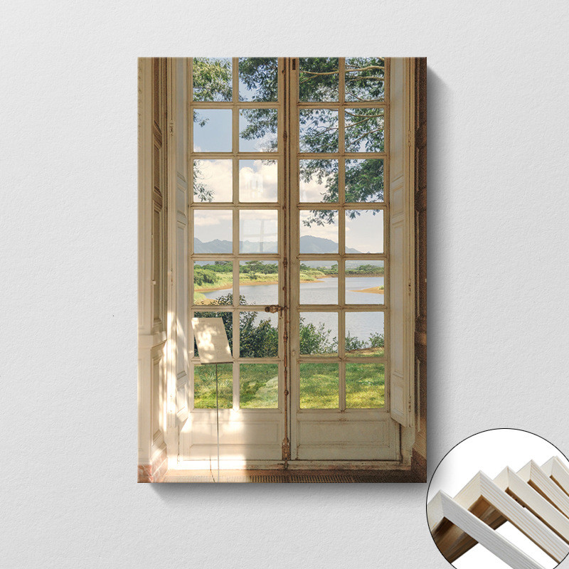 [พร้อมกรอบไม้] ห้องนั่งเล่นเรียบง่ายทันสมัยภาพวาดตกแต่งหน้าต่างฝรั่งเศสอบอุ่นทิวทัศน์หน้าต่างขนาดเล็กสดร้านอาหารห้องนอนเตียงและอาหารเช้าภาพวา - รูปที่ 3