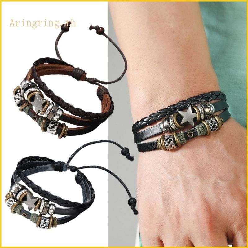 Arin สายรัดข้อมือหนังถัก หลายชั้น สไตล์พังก์วินเทจ ​สร้อยข้อมือ ประดับลูกปัดดาว