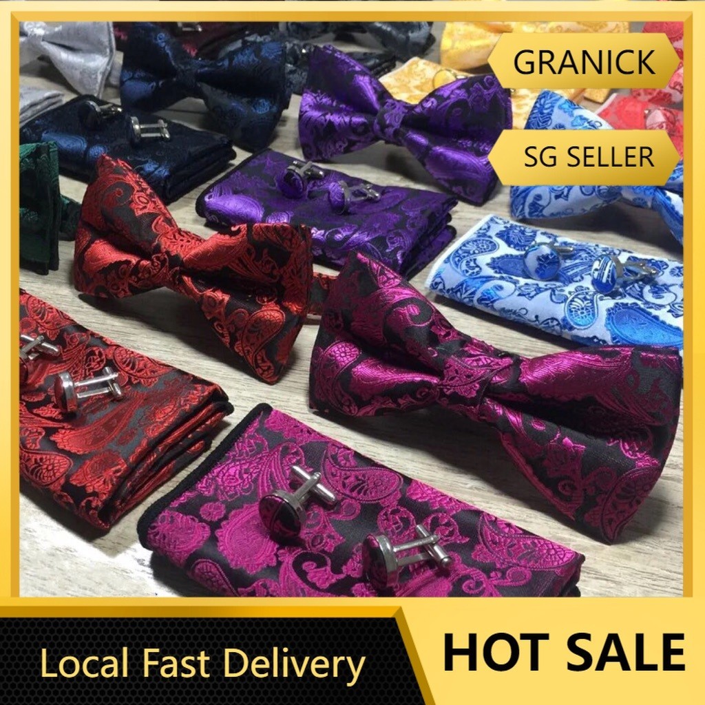 10112Floral Instock ผูกโบว์ cufflink กระเป๋าชุดสี่เหลี่ยม party tie