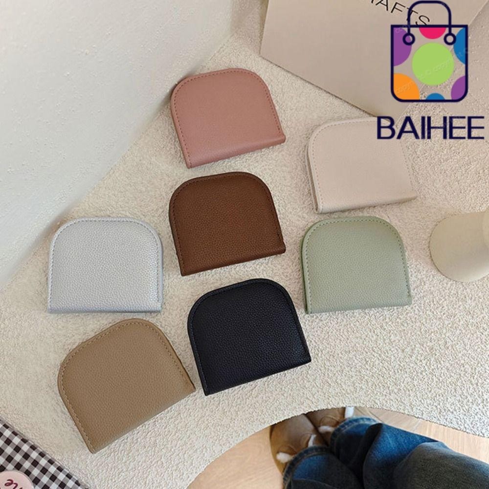 Baihee กระเป๋าใส่เหรียญ แบบพกพา พร้อมซิป กระเป๋าสตางค์ใบสั้น หนัง PU ขนาดเล็ก สีพื้น สําหรับผู้หญิง