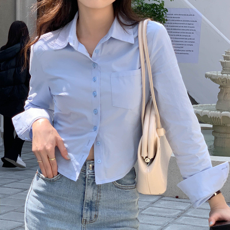Chic พร้อมส่ง เสื้อเชิ้ตแขนยาว s-5xlคอปก งานรัดรูป ผ้าคัตตอล แฟชั่นสไตล์สาวเกาหลี