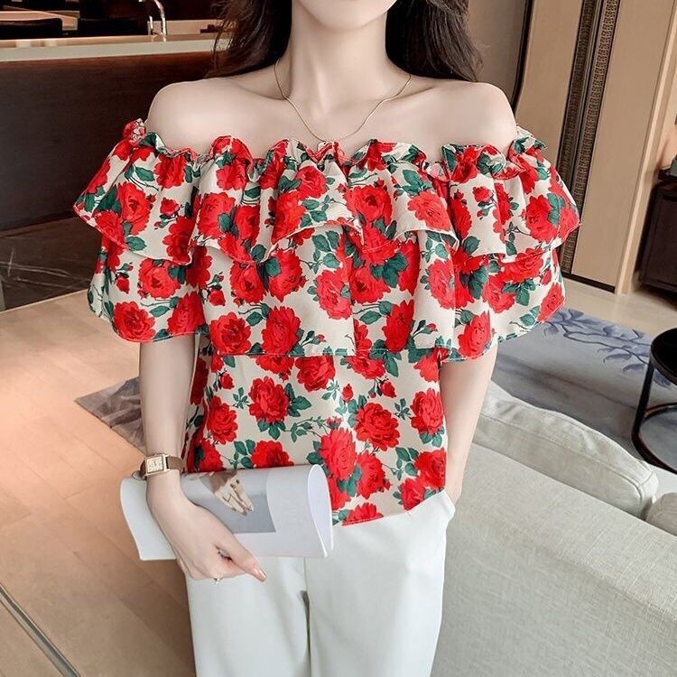 เสื้อเชิ้ตลายดอกวันสงกรานต์ สไตล์เปิดไหล่ เสื้อแขนสั้นขอบใบบัวสวยมาก ราคา ถูกที่สุด ดีลบีเคเค แกลเลอรีภาพที่ 3