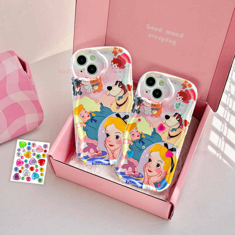 เคส Princess for iPhone 17 Air 16 15 14 Pro Max 13 12 11 ProMax X XS XR 7 8 6 6S Plus SE 2020 Cream Wavy Edge Diamond sticker Cute Fairy tale Cat puppy Anti-fall Soft Phone Case Cover NY 101