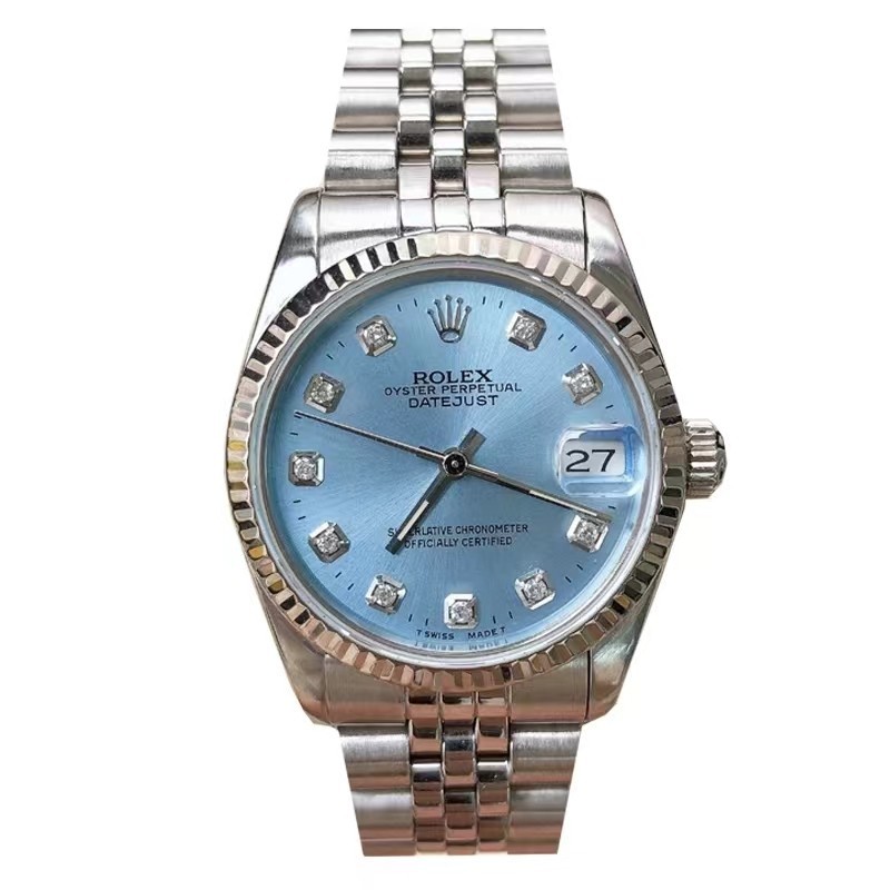Rolex เสื ้ อผ ้ าผู ้ หญิงประเภทบันทึก 31 เส ้ นผ ่ านศูนย ์ กลางนาฬิกาเพชร-studded Ice Blue Face นาฬิกากลไกอัตโนมัติสุภาพสตรี 68274 Rolex