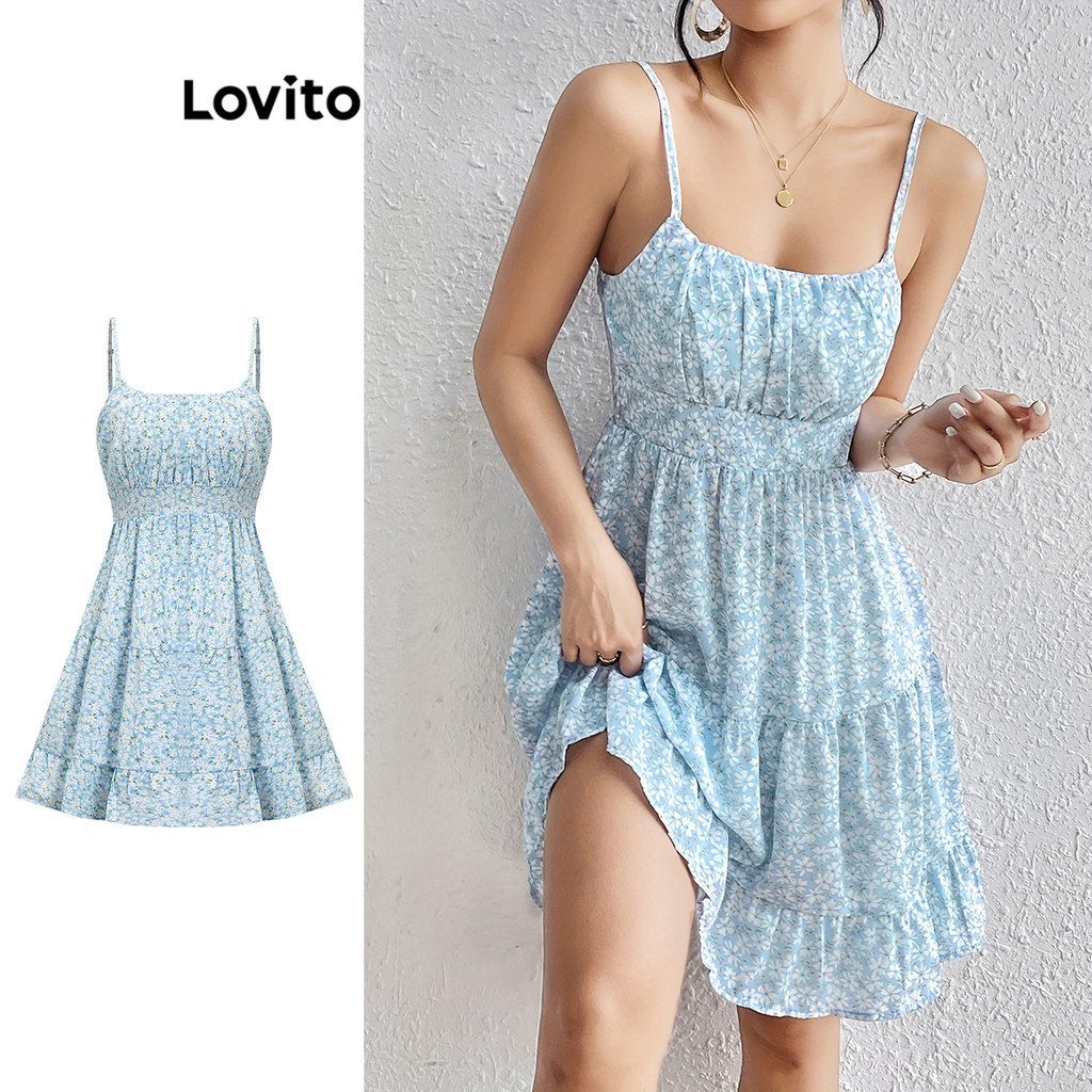 Lovito ชุดเดรสผู้หญิง แต่งจีบ พิมพ์ลายดอกไม้ สไตล์โบโฮ L80ED323