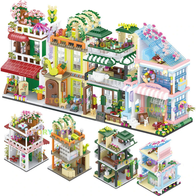 Mini City Street View Coffee Flower Shop Dessert House Building Blocks 4in1 Architecture Music Bar B