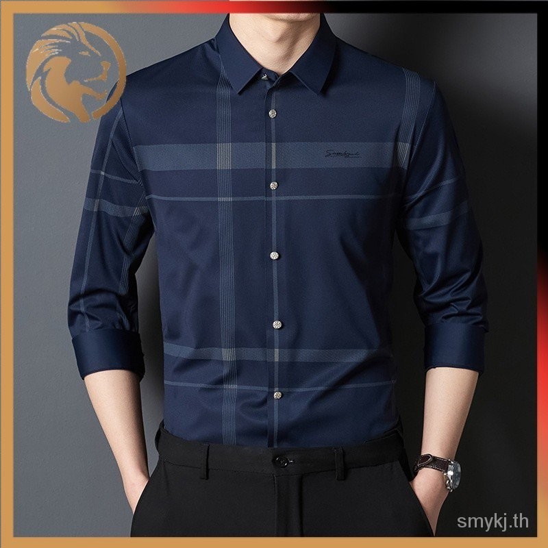 ใหม่ เสื้อเชิ้ต แขนยาว ลายสก๊อต ยืดหยุ่น ไม่ย่น ไม่รีด ลายทาง สไตล์ธุรกิจ สําหรับผู้ชาย 2024