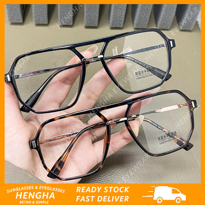 (เฮงฮา) สไตล์ย้อนยุคขนาดใหญ่สแควร์กรอบป้องกันแสงสีฟ้าแว่นตาสําหรับผู้หญิงแฟชั่นเกาหลีแว่นตาคานคู่สําหรับผู้ชาย