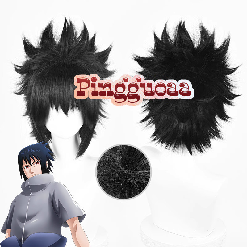 Anime Naruto Uchiha Sasuke Cosplay Wig 30cm Black Fluffy Short Hair Heat Resistant Synthetic Wigs